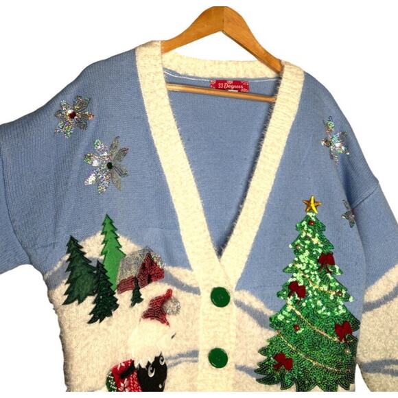 33 Degrees Sweater Cardigan Christmas Large Sheep Sequins Tree Cabin Poinsettia - Picture 3 of 9